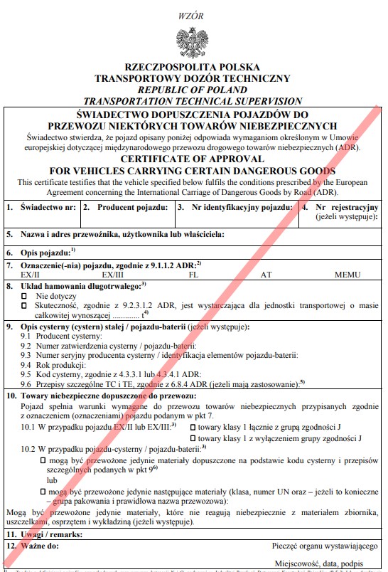 Wzór świadectwa ADR do czerwca 2021
